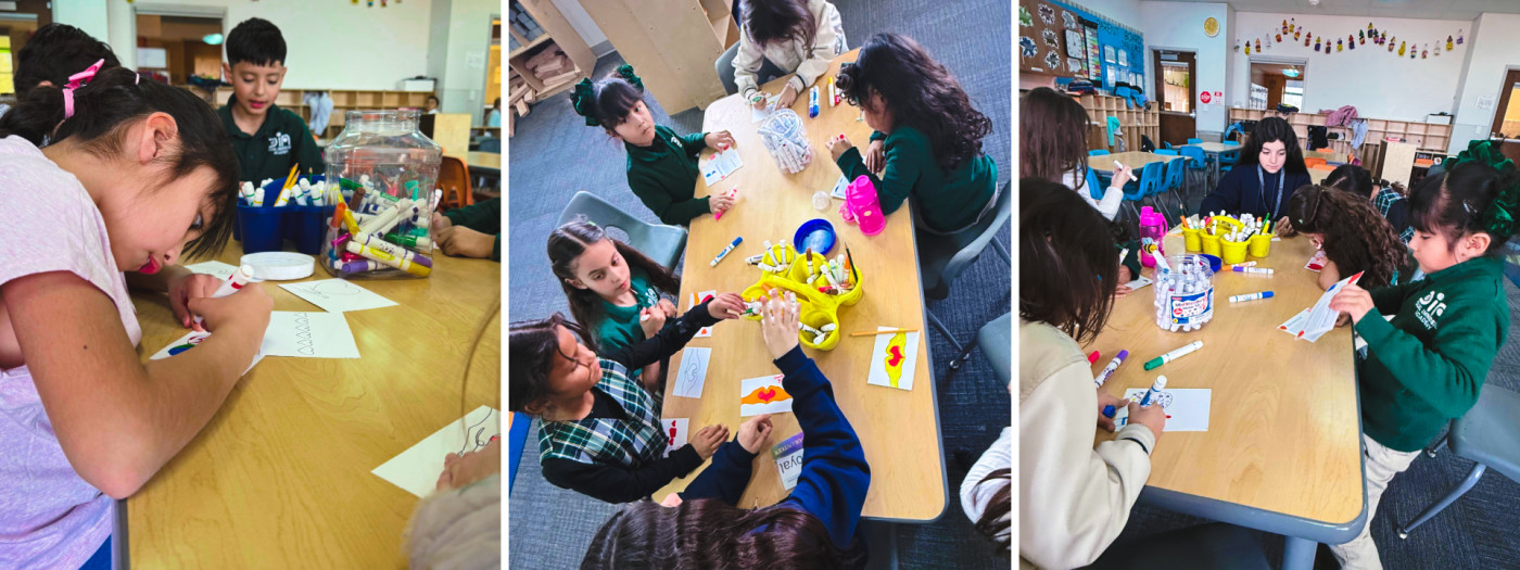 a series of 3 photos, two kids peeking out from behind a table, a child and senior hi-fiving, a senior holding up a mini bird house